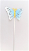 Metal sommerfugl på metal pind. Vingefang ca.7 cm. Lys blå.